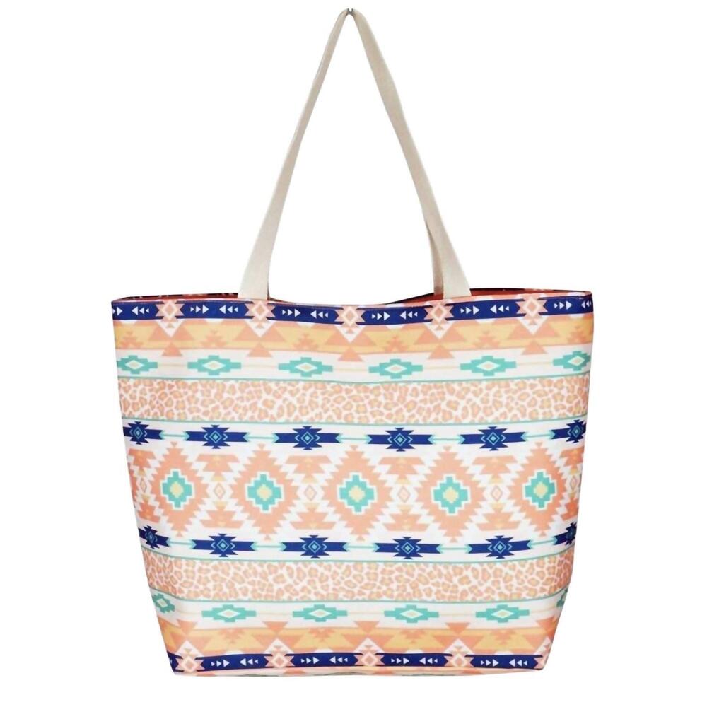 NEW JUDSON & CO. leopard & aztec print canvas tote bag in coral/mint